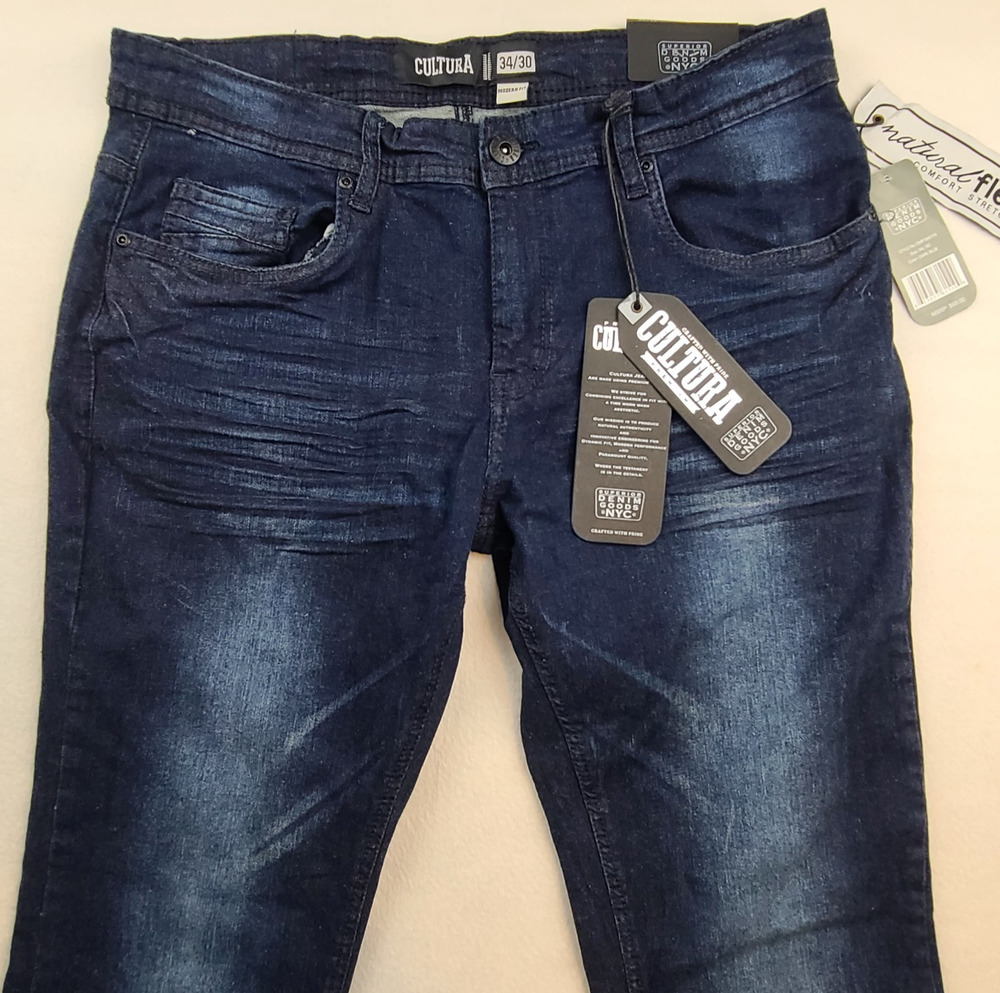 NWT Cultura Mens Jeans 34x30 Dark Wash Modern Fit Stretch Distressed Denim
